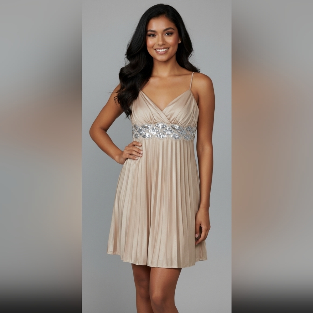 Steppin' Out Gold Pleated Skirt Cocktail Prom Dress Beaded Spaghetti Strap
